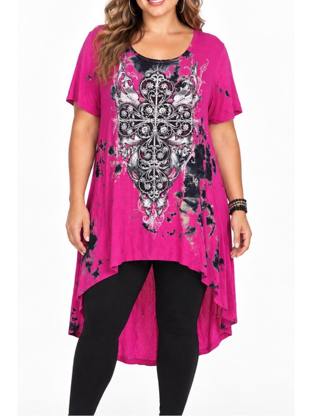 Vocal Apparel Crystal Embellished Fuchsia Pink Tie-Dye Hi-Low Tunic Shirt, 3x